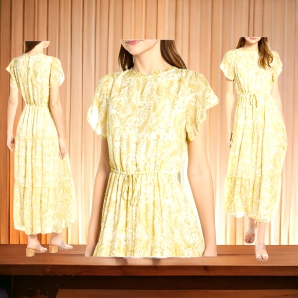 LUCKY BRAND Designer Ariel Yellow Paisley Peasant Tiered Maxi Dress!! NWT!! - Picture 4 of 13